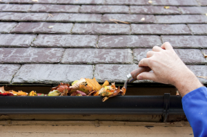 Man scooping leaves out of gutter