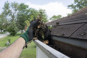man cleaning out gutters of debris