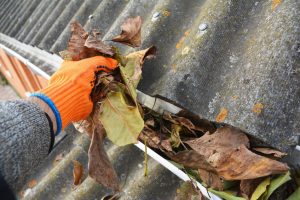 Man Cleaning Gutters in the fall