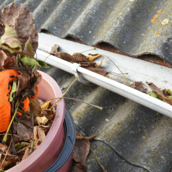 Rain gutters cleaning from leaves. Asbestos roof gutter cleaning.