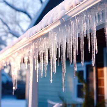 Frosty icicles adorning the roof of a charming house amidst a tranquil winter landscape. Ethereal winter beauty. illustration created by Generative AI