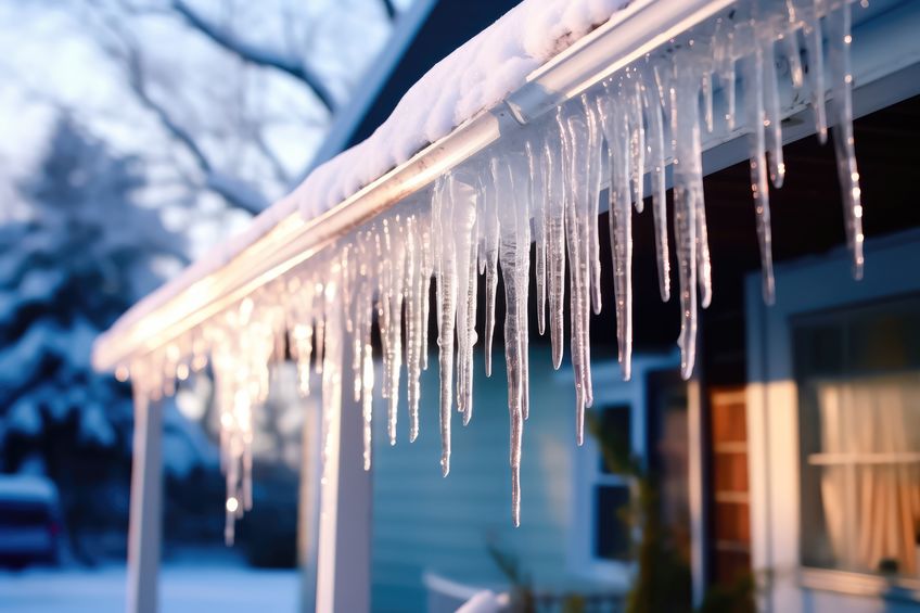 Frosty icicles adorning the roof of a charming house amidst a tranquil winter landscape. Ethereal winter beauty. illustration created by Generative AI