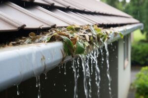 rainwater overflowing from a clogged white gutter, created with generative ai