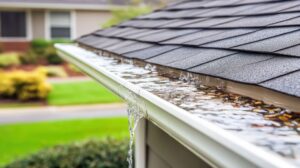Water drains from a roof gutter, showcasing an essential system for managing rainfall. The scene captures nature and residential architecture in harmony.