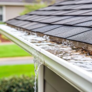 Water drains from a roof gutter, showcasing an essential system for managing rainfall. The scene captures nature and residential architecture in harmony.