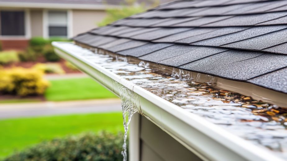 Water drains from a roof gutter, showcasing an essential system for managing rainfall. The scene captures nature and residential architecture in harmony.