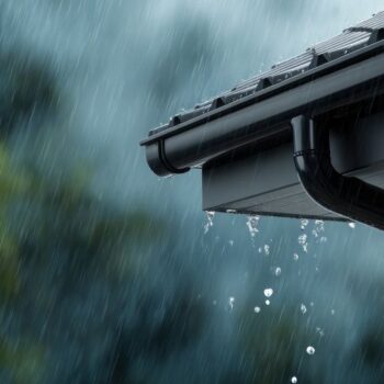 Rain falling from a roof in a natural setting with blurred background