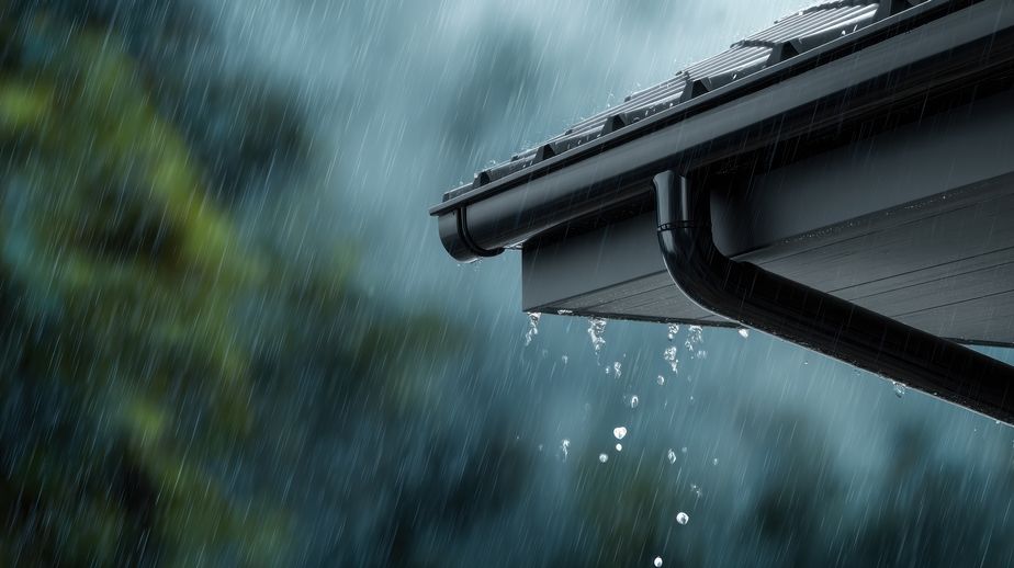 Rain falling from a roof in a natural setting with blurred background