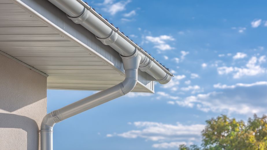 A detailed view showcases a house eave with a white surface and a connected metallic gutter system. The gutter curves downward, contrasted against a vibrant blue sky with soft white clouds. The image is brightly lit, suitable for general home improvement or architectural-related applications.